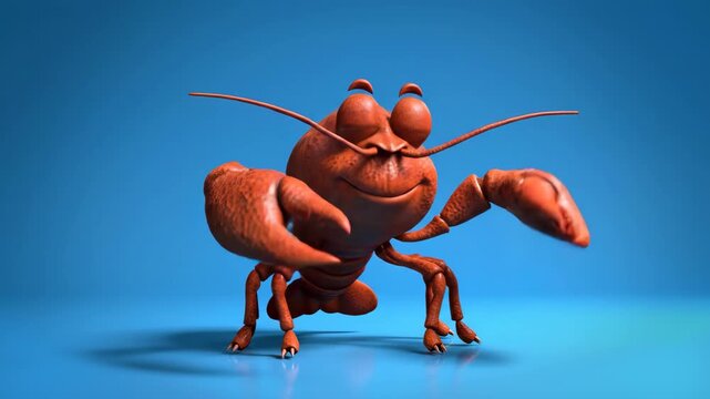 A high-quality 3D render of a red lobster with realistic textures and details. The lobster is posed with its claws forward against a clean blue background, suitable for seafood restaurant branding or 
