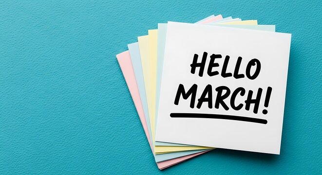 Hello March handwritten text on white sticky note, colorful paper notes on teal background, spring season greeting and monthly planning concept