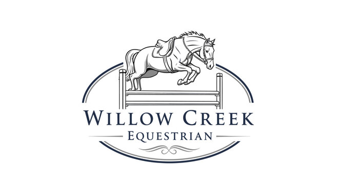 Elegant Equestrian Logo with Jumping Horse and Willow Creek Text.