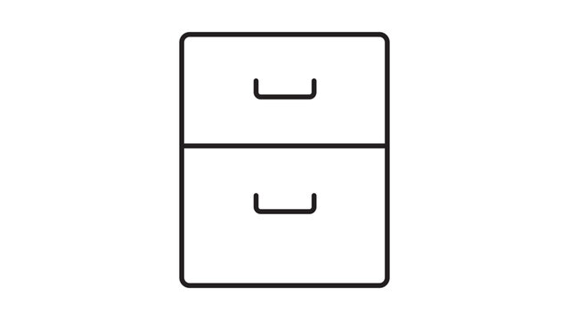 Spare thin-line vector glyph of a two-drawer vertical filing unit with pull handles, conveying administrative record-keeping, workplace document storage, and systematic paper-archive organisation in