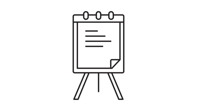Minimalist black line vector icon illustration of a flip chart on a tripod stand, perfect for business presentations, educational training, brainstorming sessions, and office workshops.