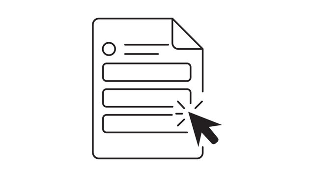 Minimalist black line vector icon illustration of a document form with input fields and a mouse cursor clicking, representing online registration, digital application, or data entry process.