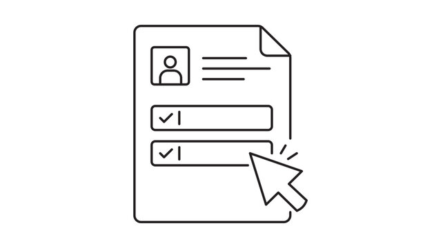 Form Fill minimalist black line vector icon on a white background representing a document with input fields, a profile picture, checkmarks, and a mouse cursor clicking on a field illustration.