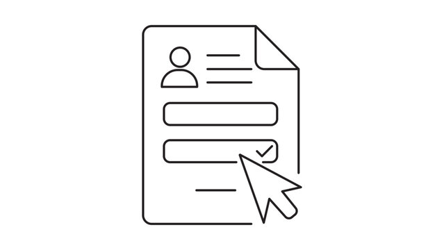 Minimalist black line vector icon of a digital form document featuring input fields, user profile avatar, checkmark, and mouse cursor. Scalable outline illustration for web registration and business.