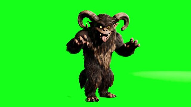 A 3D furry beast or monster character with large horns and fur, dancing in a playful and welcoming way. Isolated on a green screen for chroma key use.