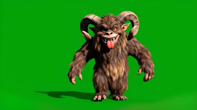 A 3D furry beast or monster character with large horns and fur, dancing in a playful and welcoming way. Isolated on a green screen for chroma key use.