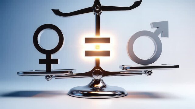 Gender equality scale balancing male and female symbols with glow