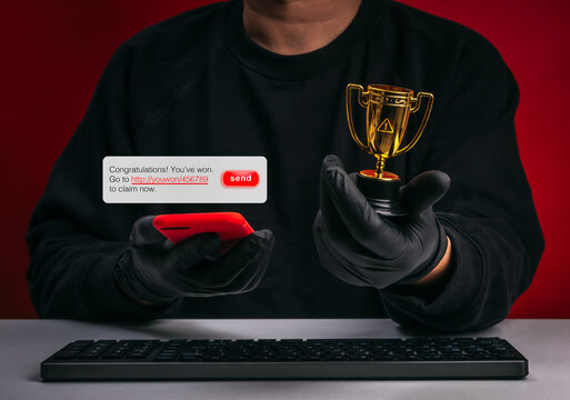 SMS phishing scam with fake prize notification and urgent call to action. Social engineering, mobile fraud, deceptive links, cybersecurity risk, and user manipulation in digital communication.