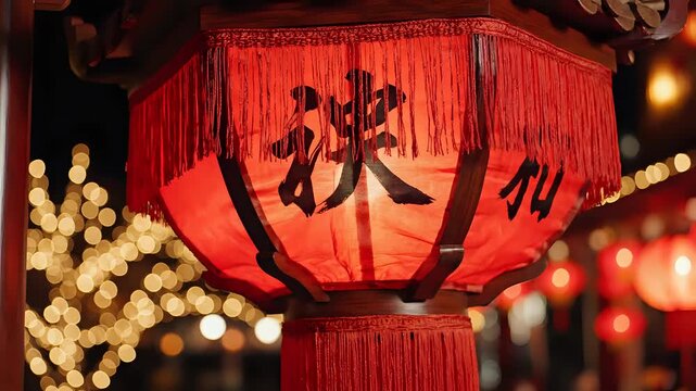 Closeup of a traditional Chinese red lantern with calligraphy at night.