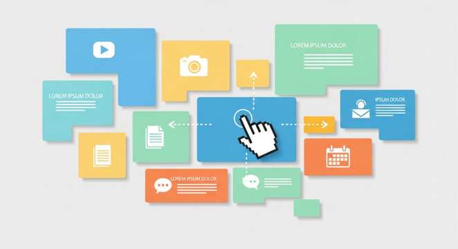 Collection of colorful digital icons and buttons on a light gray background.
