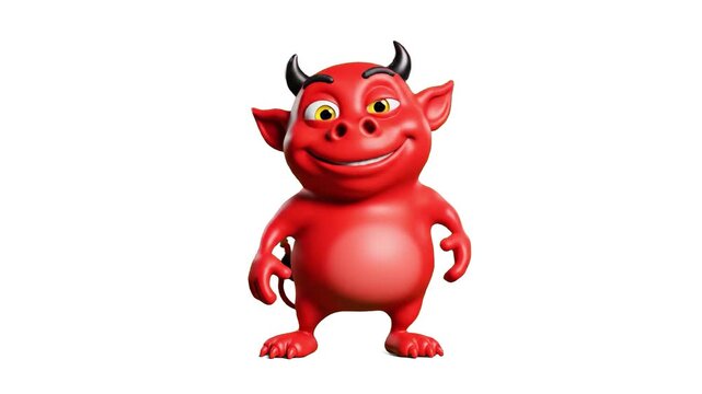 A friendly 3D red devil character with horns and a tail, performing a happy dance. Isolated on a clean white background for versatile use in comical or fantasy-themed video projects.