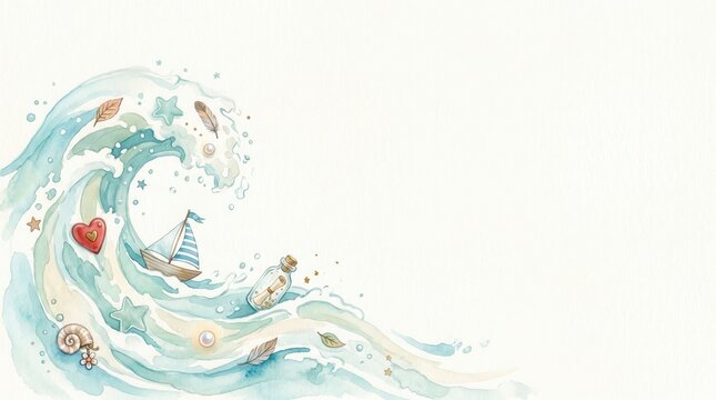 Painted ocean wave carries a sailboat, red heart, bottle, shells, stars, and feathers gently