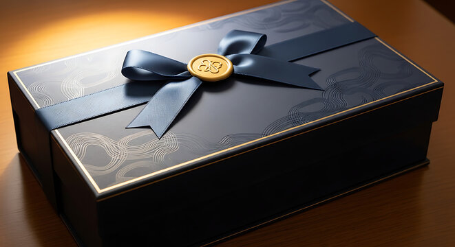 Elegant dark gift box with navy blue ribbon and gold seal