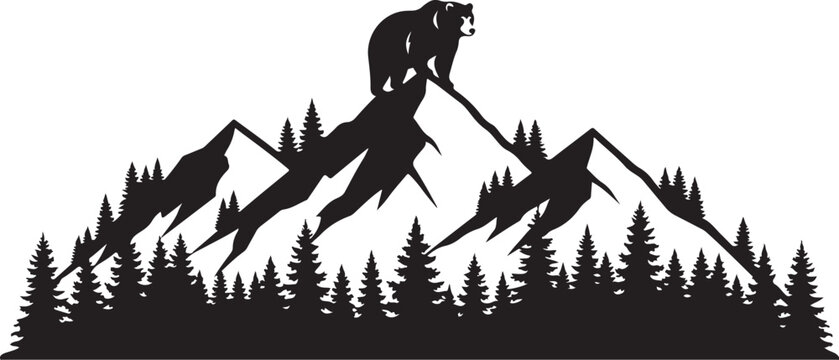 Black silhouette bear climbing mountain, pine forest landscape, outdoor adventure icon, nature travel symbol
