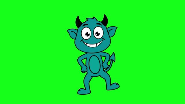 A friendly and cheerful stylized 3D character of a little blue monster or devil with horns and a tail standing with hands on hips. Isolated on a chroma key green screen background for easy keying in c