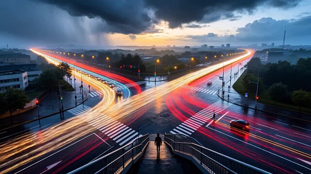 City street intersection at night with heavy rain and colorful traffic light trails