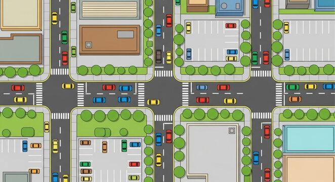Aerial view of a busy city intersection with traffic and buildings.