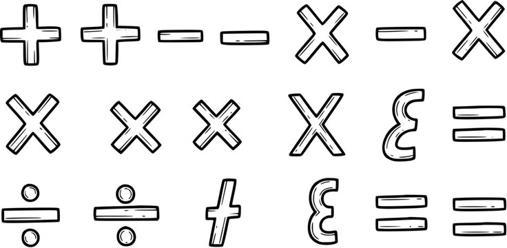 Black and White Line Art Collection of Mathematical Symbols: Addition, Subtraction, Multiplication, Division, Equals