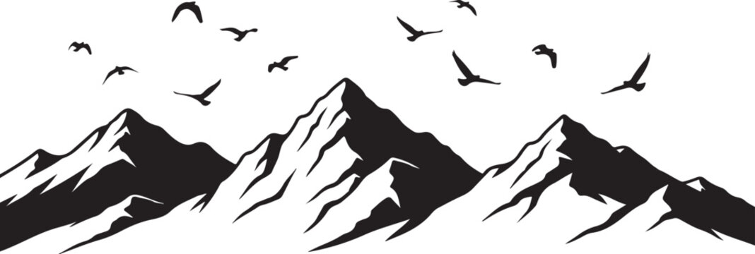 Mountain range silhouette, snowy peaks, flying birds, vector landscape