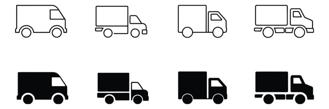 Truck icon set, cargo van and freight delivery vehicle icons, clean outline and glyph style vector pack for logistics services, courier tracking