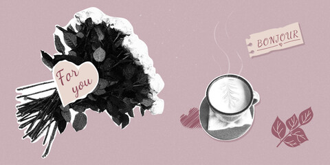 A bouquet of flowers with a gift tag and a cup of hot coffee on a pink background. Trendy halftone collage. Romantic morning breakfast composition. Valentine's Day or birthday greeting card concept. © Наталья Косаревич