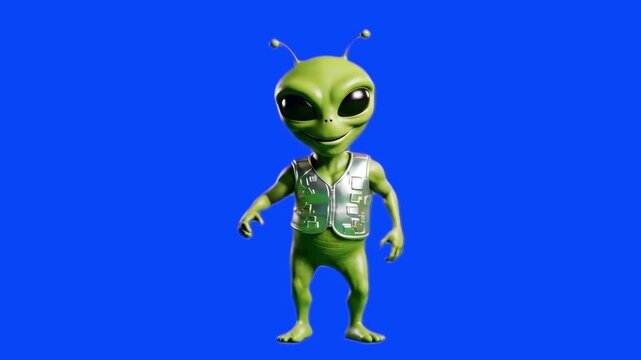 A cheerful 3D green alien character with large eyes and a vest, performing a happy dance. High-quality 3D render isolated on a blue screen background for professional video compositing.