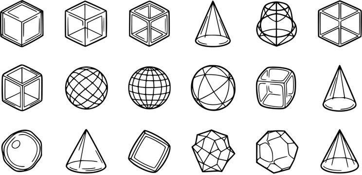 Black and White Line Art of Geometric Shapes and Forms - Cubes, Cones, Spheres, Polyhedrons