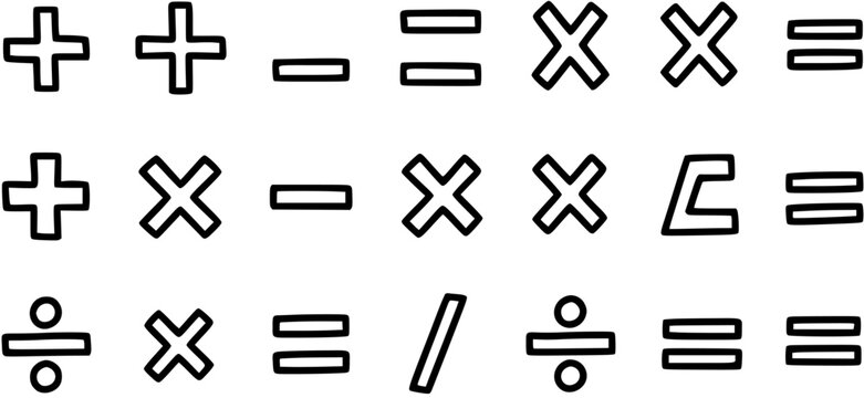 Black and white line art vector icons of mathematical symbols for education and arithmetic