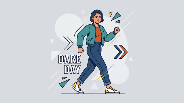 A confident young woman walking with abstract geometric shapes and "DARE DAY" text in the background, vector illustration.
