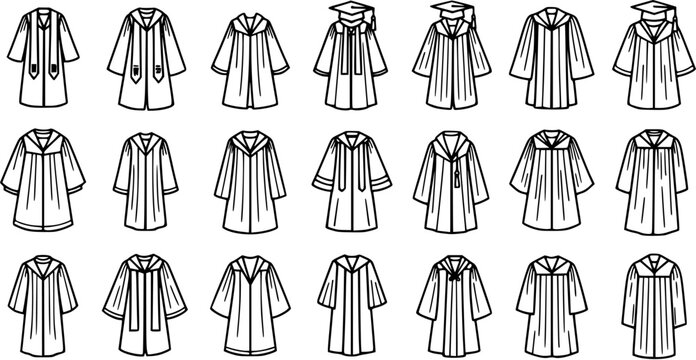 Education Industry Black and White Line Art Icons Set of Academic Regalia. Collection of Graduation Gowns, Robes, and Mortarboard Caps Outline Vector Graphics.