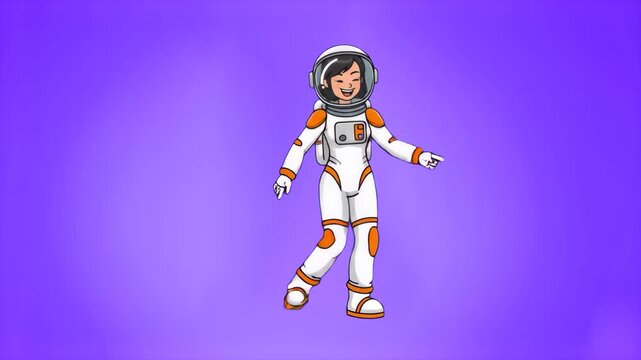 A cute 3D animated girl in a white and orange space suit performing a fun dance. Set against a vibrant purple background, this character is perfect for kids' content, space-themed apps, and playful ed