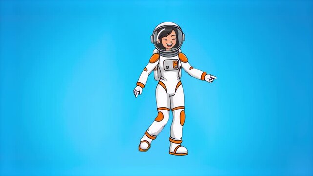 A joyful 3D animated astronaut mascot in a high-tech white and orange spacesuit performs a fun, weightless style dance against a solid blue sky backdrop. This dynamic moving space asset is perfectly t