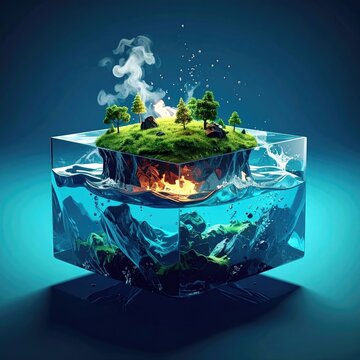 Futuristic Ecosystem Concept with Four Elements Earth Water Fire and Air inside a Glass Cube on Blue Background