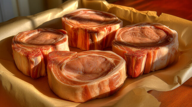 Raw beef osso buco shank cuts on parchment paper ready for slow cooking and roasting with butchery
