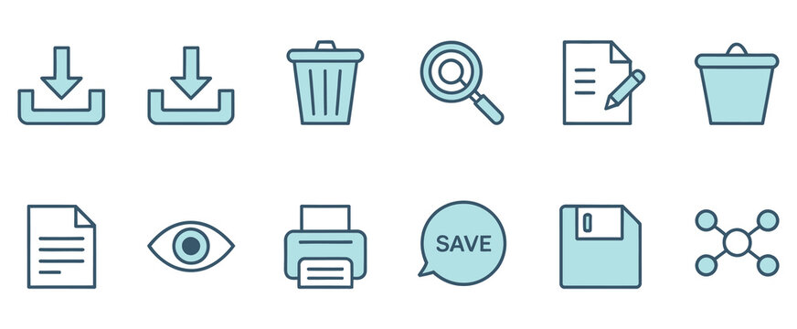 icons for delete, search, share, and system functions, modern interface action symbol set, clean minimal vector illustration