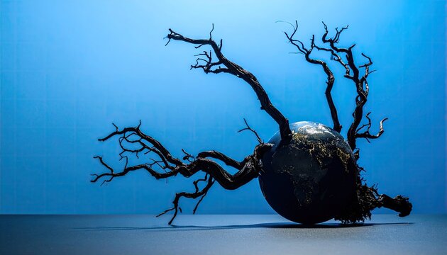 Conceptual Image of Dry Dead Tree with Planet Earth Representing Global Warming Climate Change, Environmental Crisis