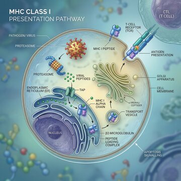 Detailed illustration of the MHC Class I pathway, showing viral antigen processing and presentation to cytotoxic T cells for immune response activation