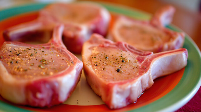 Fresh raw seasoned lamb chops with black pepper on a decorative plate ready for grilling or frying
