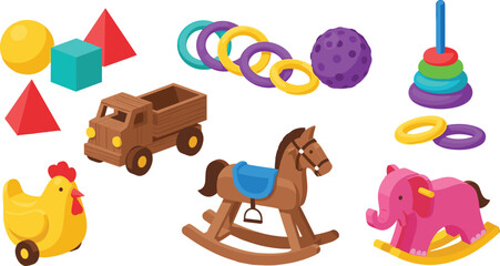 Naklejka premium Colorful kids toys set with rocking horse, stacking rings, shapes, and vehicles illustrating childhood playthings and educational toys vector illustration