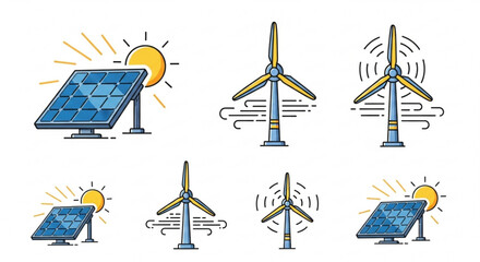 Renewable energy icons set solar panels and wind turbines generating clean electricity © Umair