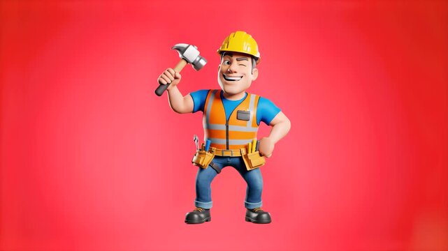 A friendly 3D construction worker character holding a hammer and dancing joyfully. High-quality 3D render on a vibrant red studio background, perfect for commercial use.