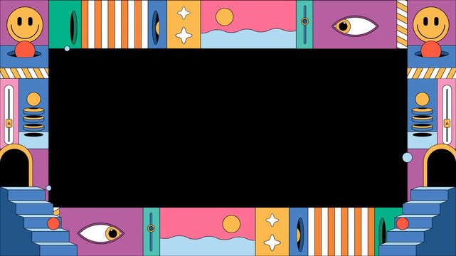 Colorful abstract cartoon frame with playful icons for social media animation background