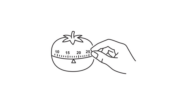 Pomodoro Technique Tomato Kitchen Timer Vector Icon with Editable Stroke. Minimalist Black Line Illustration of a Hand Setting a Tomato-Shaped Timer for Productivity and Time Management.