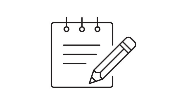 Minimalist Black Line Vector Icon of a Notepad and Pencil for Writing Notes, Journaling, and To-Do Lists, Featuring Editable Stroke and Scalable Outline Design on a Clean White Background.