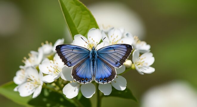 Vibrant butterfly with blue wings perched on delicate white flower blossoms