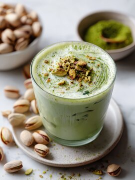 Pistachio Iced Latte with Butter Swirls on White Table