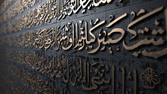 Calligraphic inscription with Arabic script in gold color, modern graphic style.