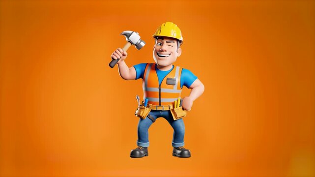 A happy 3D animated construction worker in a yellow safety helmet dances joyfully while holding his work tool against a warm solid orange backdrop. Excellent high-density moving graphic asset optimize