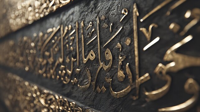 Close-up view of gold Arabic calligraphy engraving on a dark-colored surface.