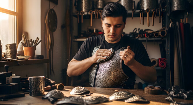 A young man carefully cleans and buffs a highly detailed engraved metal chest piece on his workbench